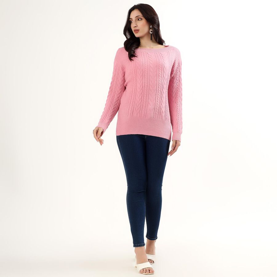 Women's Soft Pink Round Neck Casual Pullover, गुलाबी, large image number null