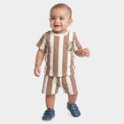 Infants' Beige 100% Cotton Round Neck Striped Baba Suit, Beige, small