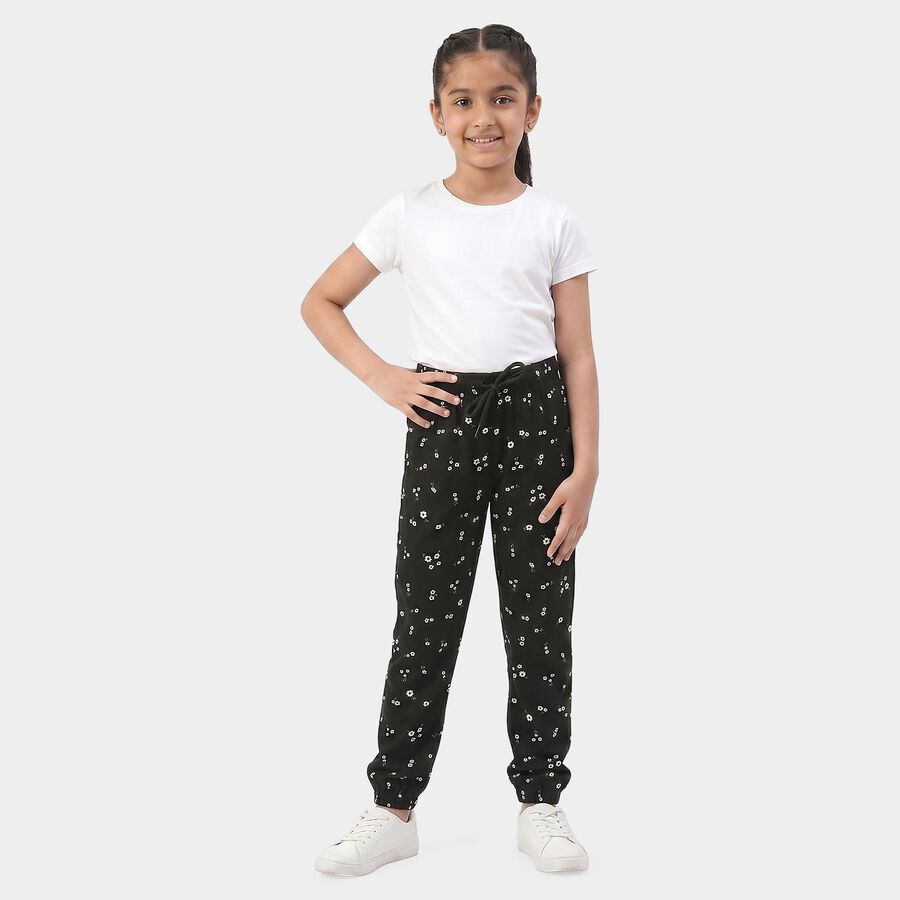 Girls' Black Jogger Floral Printed Cotton Blend Pyjama, Black, large