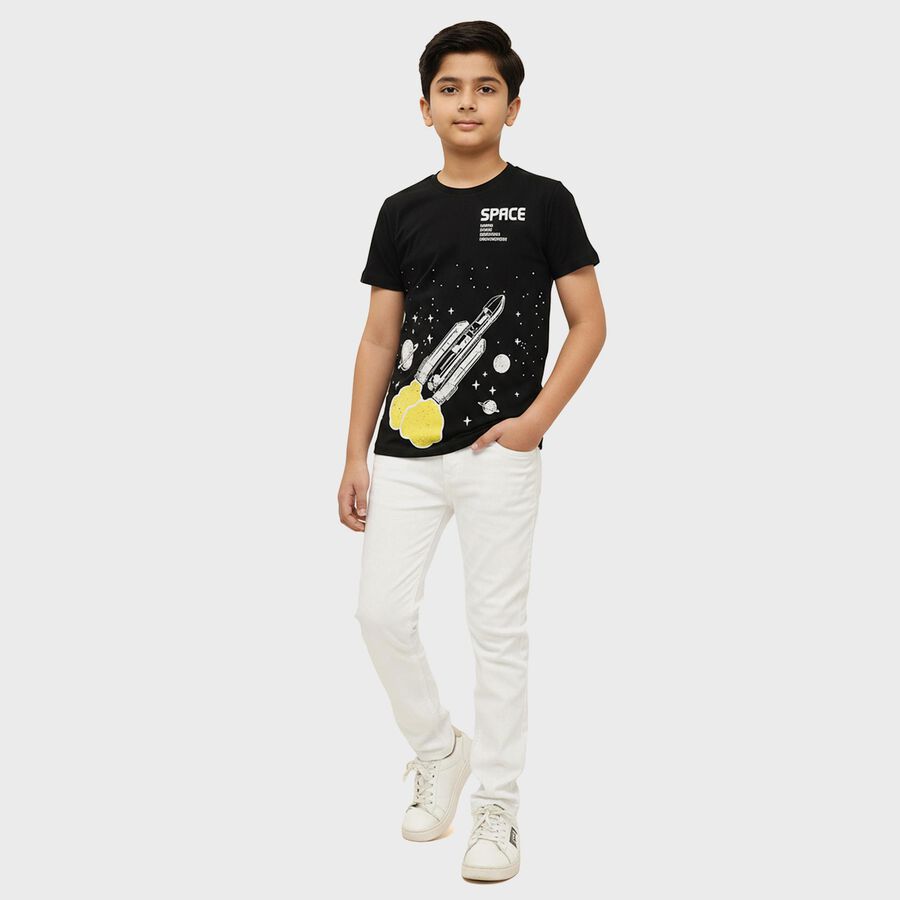 Boys Jet Black Round Neck Casual Half Sleeve T-Shirt, Black, large