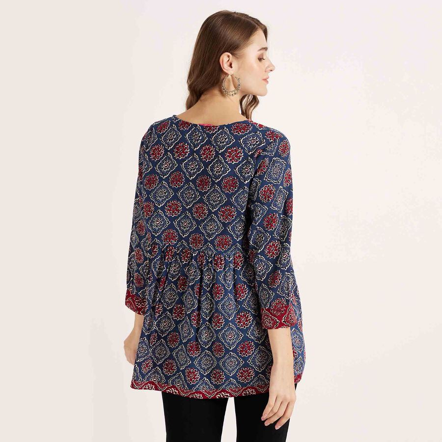 Printed 3/4th Sleeve Kurti, Dark Blue, large image number null