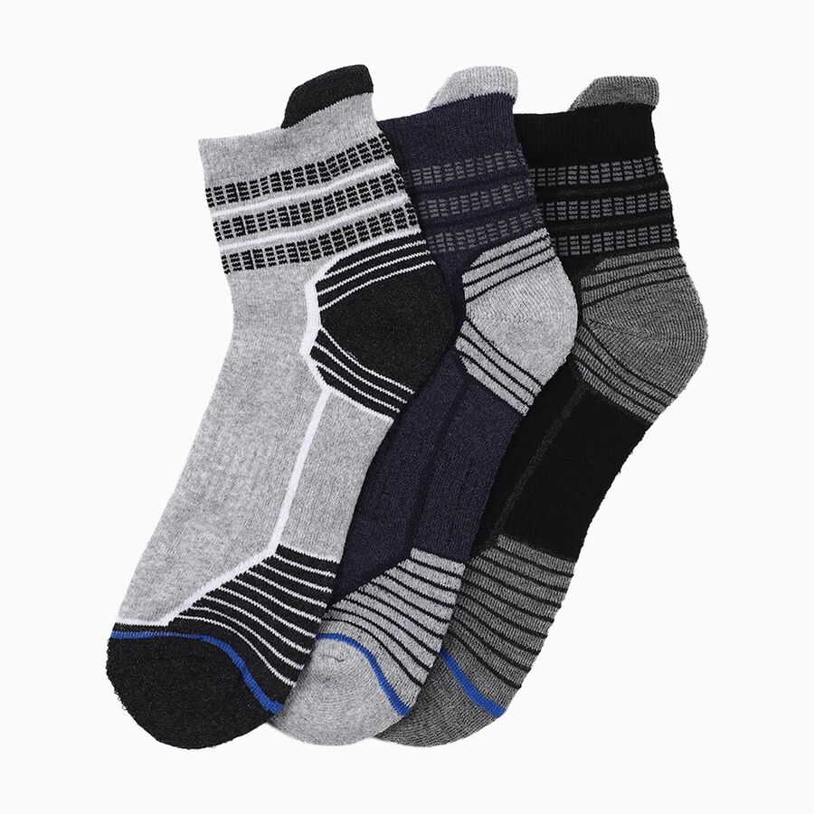Men's Gray and Navy Ankle Length Striped Socks Pack of 3, मध्यम नीला, large