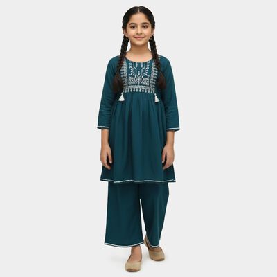 Girls' Dark Green Round Neck Printed Top and Pants Fusion Set
