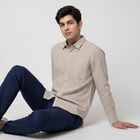 Men's Beige 100% Cotton Long Sleeve Collar Casual Shirt, Beige, small