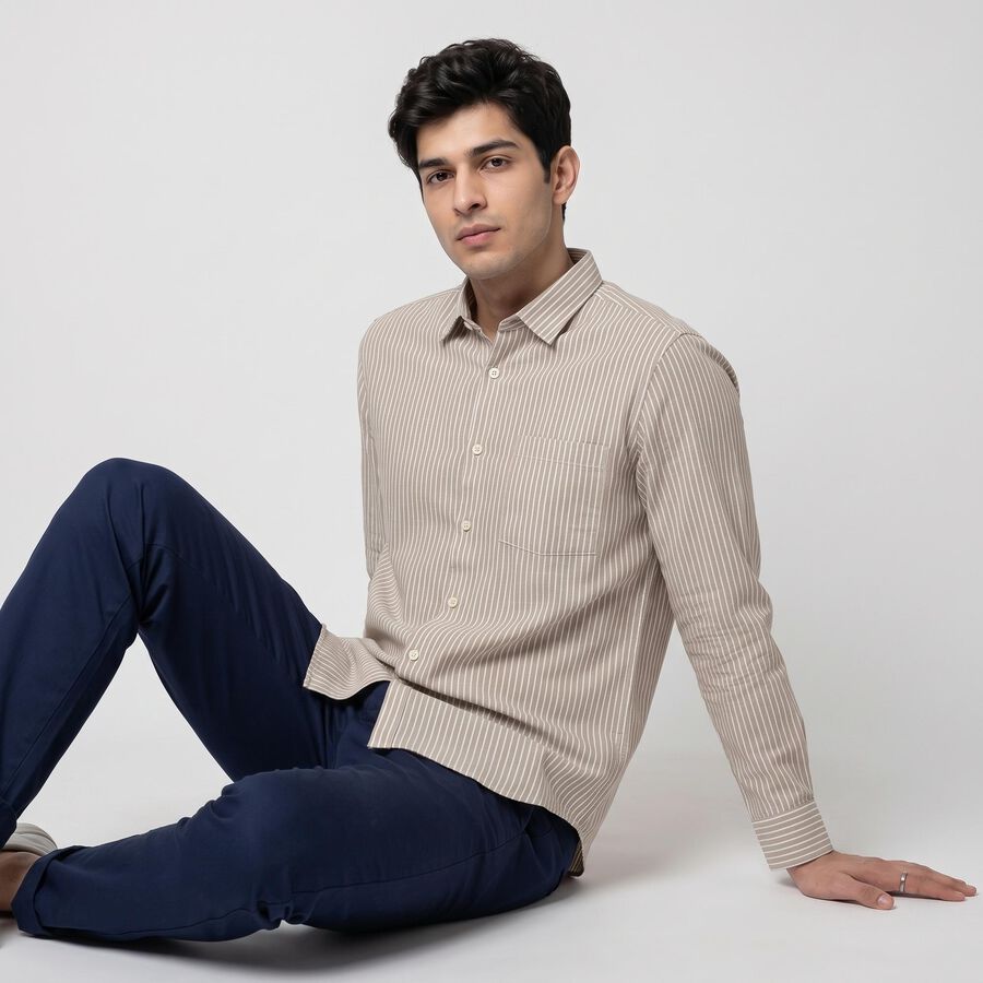 Men's Beige 100% Cotton Long Sleeve Collar Casual Shirt, Beige, large