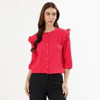 Women's Bright Pink Cotton Round Neck Ruffle Sleeve Top, Pink, small