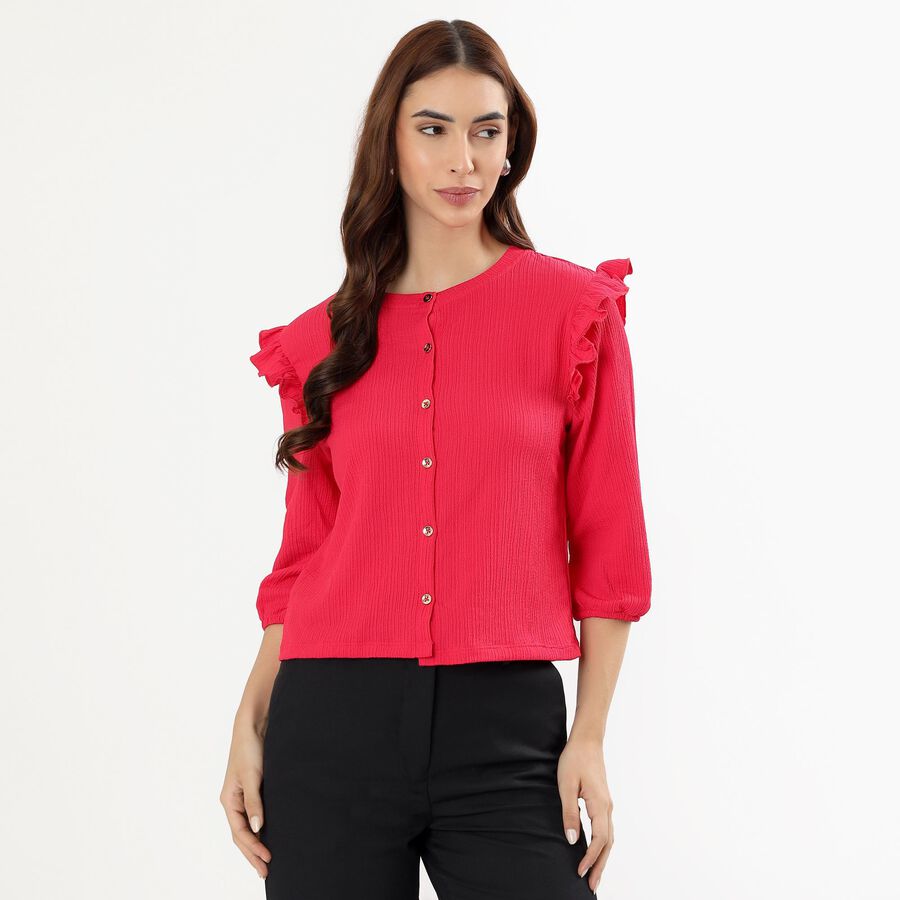 Women's Bright Pink Cotton Round Neck Ruffle Sleeve Top, Pink, large