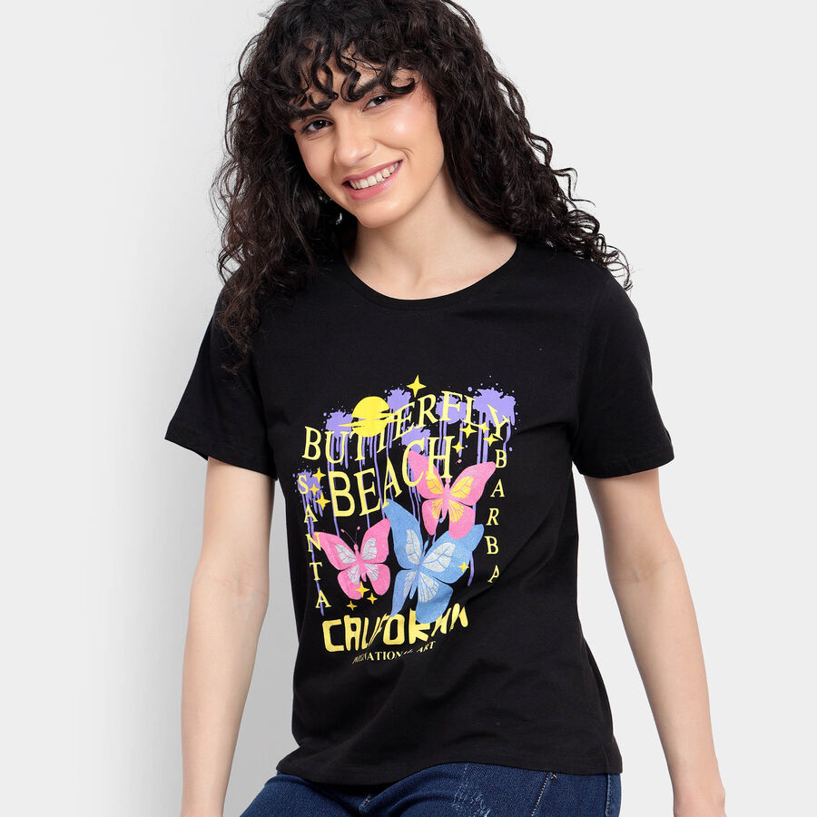 Cotton Round Neck T-Shirt, काला, large image number null