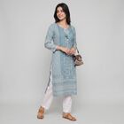 Women's Blue Round Neck Tie-Up Printed Kurta, मध्यम नीला, small