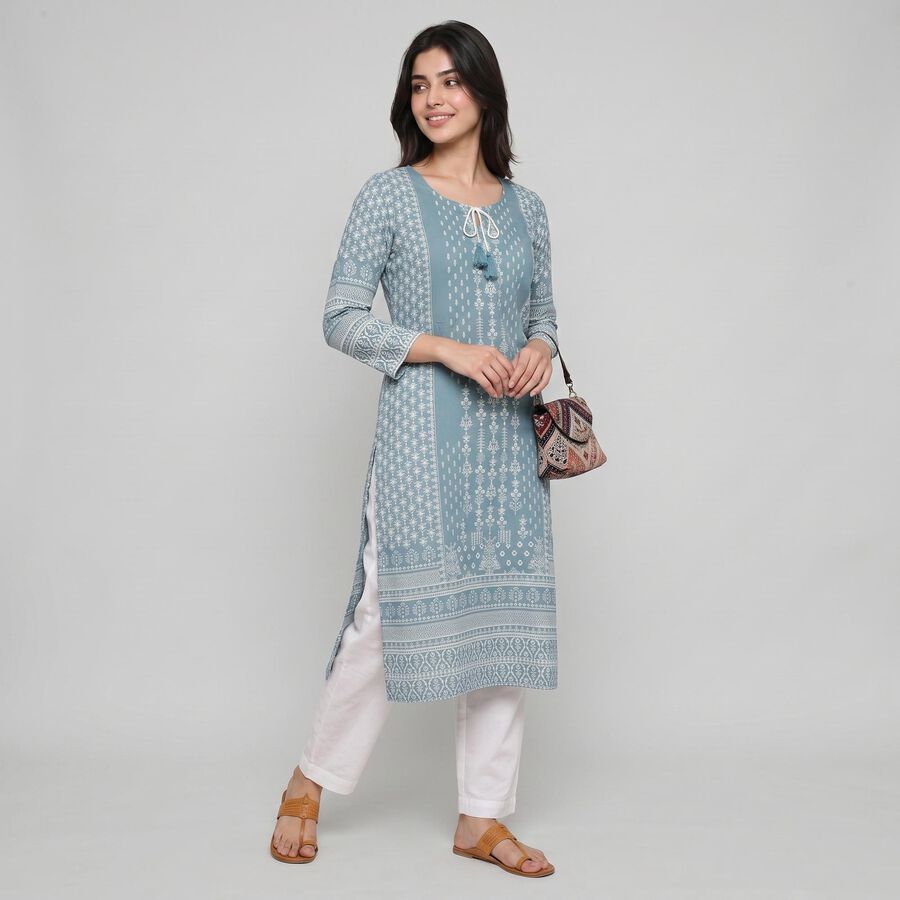 Women's Blue Round Neck Tie-Up Printed Kurta, मध्यम नीला, large