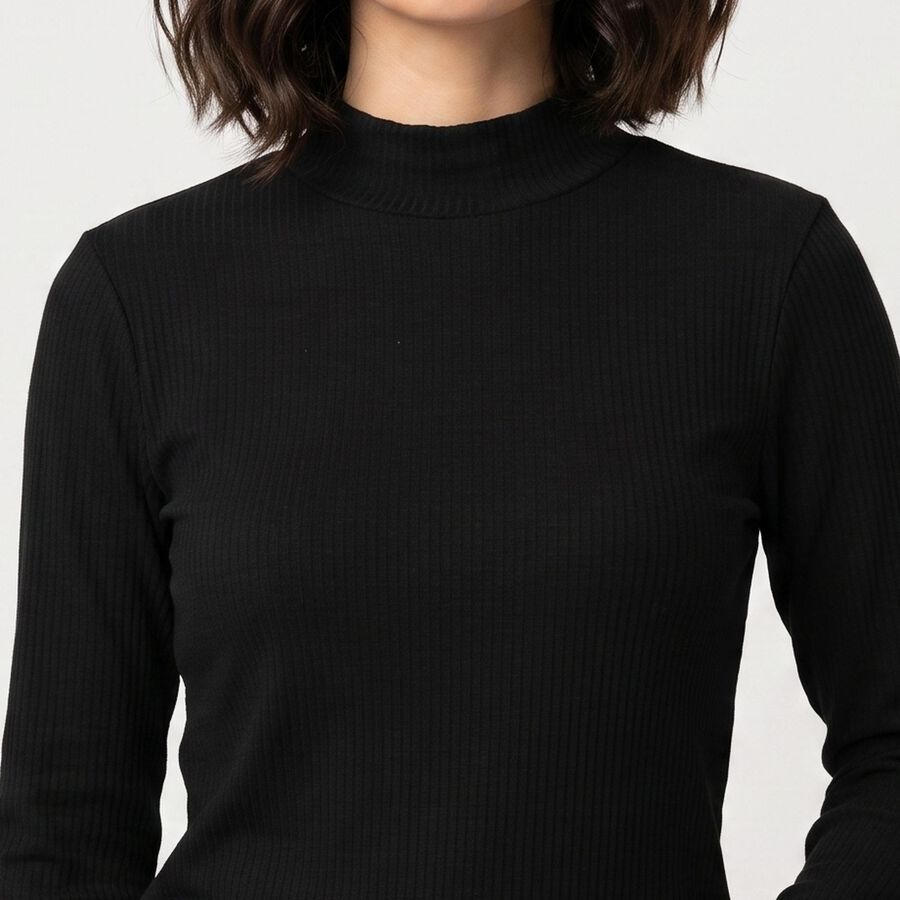 Women's Black Cotton Blend High Neck Regular Top, Black, large