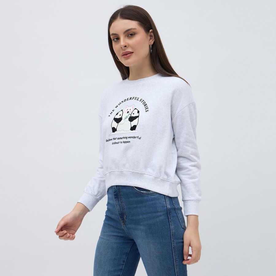 Women's Light Grey Crew Neck Casual Sweatshirt, Melange Light Grey, large image number null