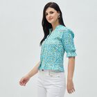 Women's Light Blue Floral Mandarin Collar Shirt, Light Blue, small