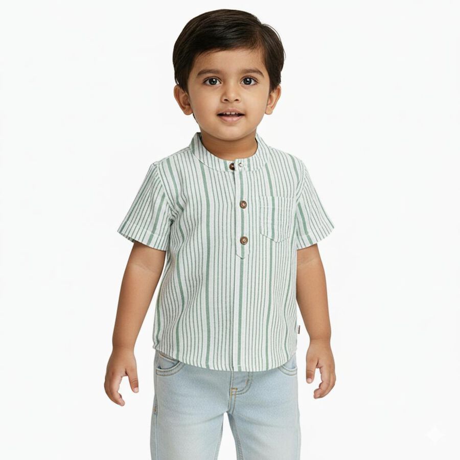 Infants Light Sage Green Cotton Half Sleeve Mandarin Collar Casual Shirt, Light Green, large image number null