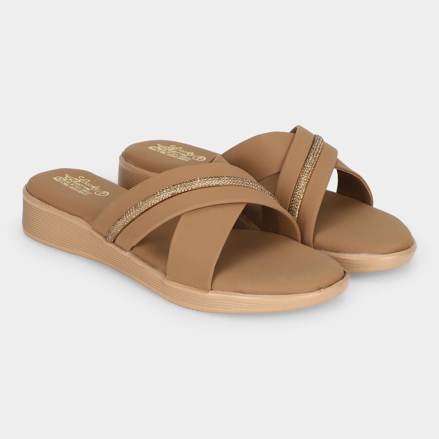 Women's Beige Embellished Slip-On Slide Sandals, Beige, large
