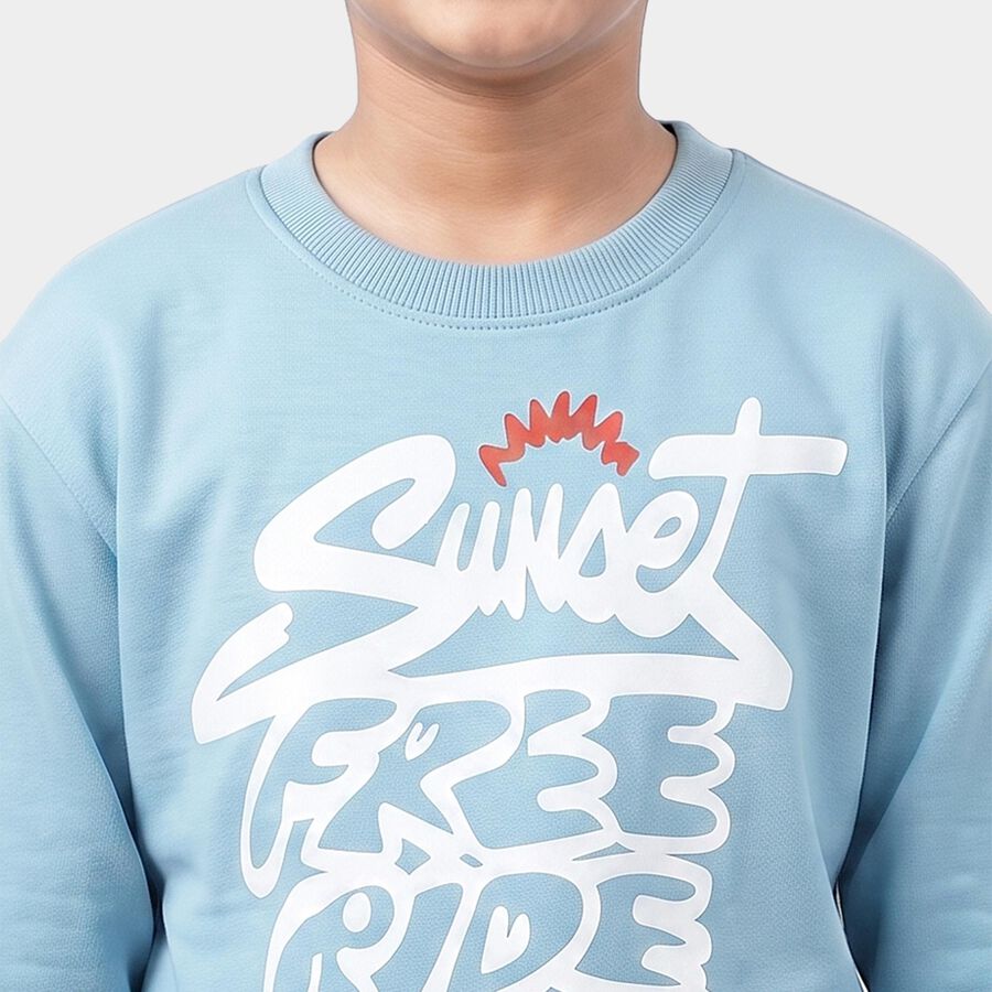 Boys' Light Blue Crew Neck Graphic Print Sweatshirt, हल्का नीला, large