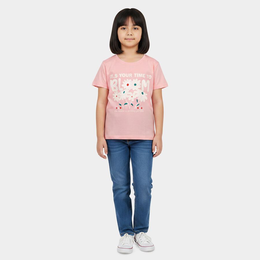 Girls Pink Round Neck Regular T-Shirt, गुलाबी, large