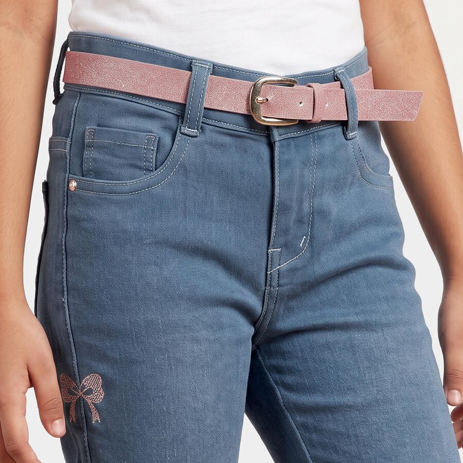 Girls' Light Blue Straight Fit Bow Jeans, हल्का नीला, large