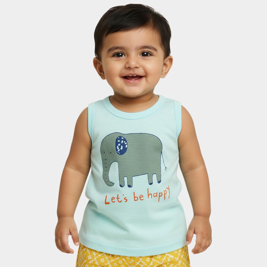 Infants' Light Blue Cotton Round Neck Casual Sleeveless Vest, Aqua, large