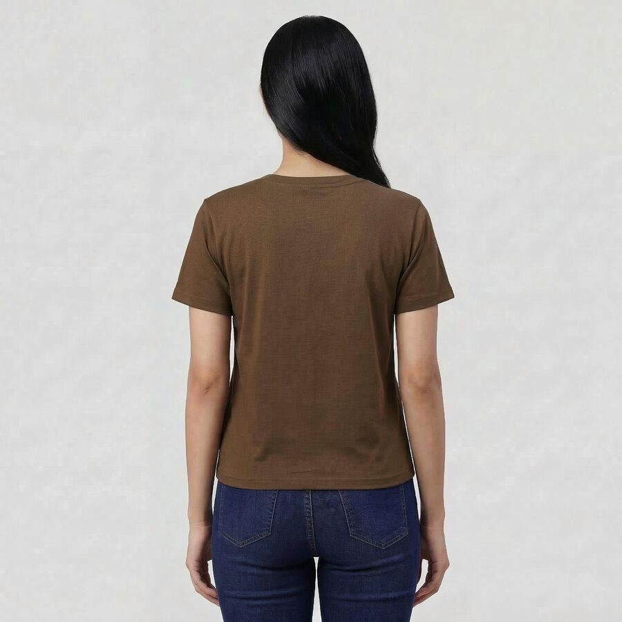 Women's Olive Round Neck Minimalist T-Shirt, ओलिव, large
