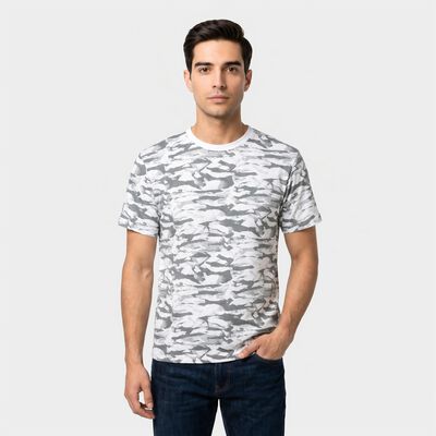 Men's White Cotton Round Neck Abstract Regular T-Shirt