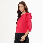 Women's Bright Pink Cotton Round Neck Ruffle Sleeve Top, Pink, small