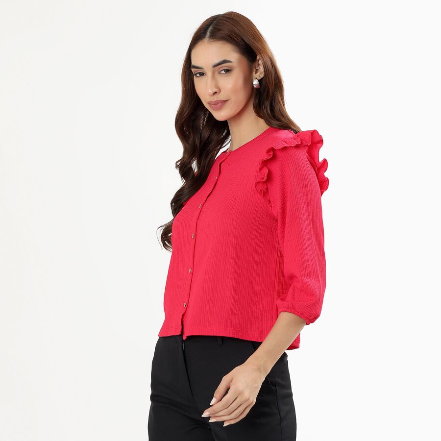 Women's Bright Pink Cotton Round Neck Ruffle Sleeve Top, Pink, large