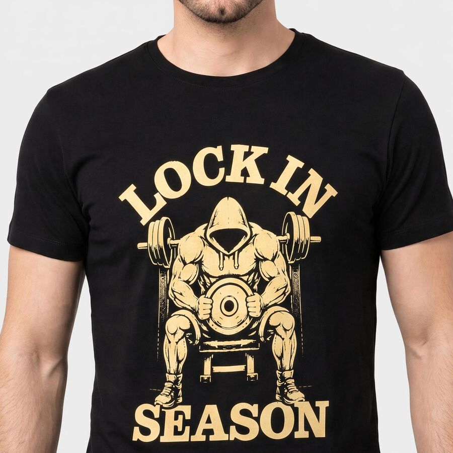 Men's Black Round Neck Regular Graphic Printed T-Shirt, काला, large