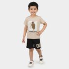Boys Beige 100% Cotton Round Neck Graphic Print Baba Suit, गहरा पीला, small