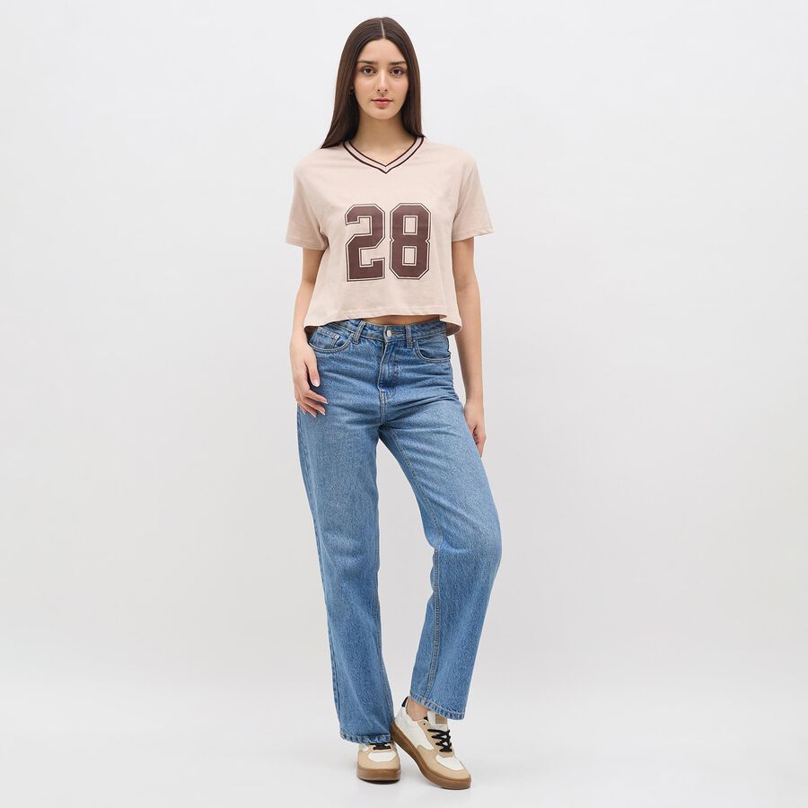 Women's Light Beige Cotton V-Neck Casual Crop T-Shirt, Beige, large