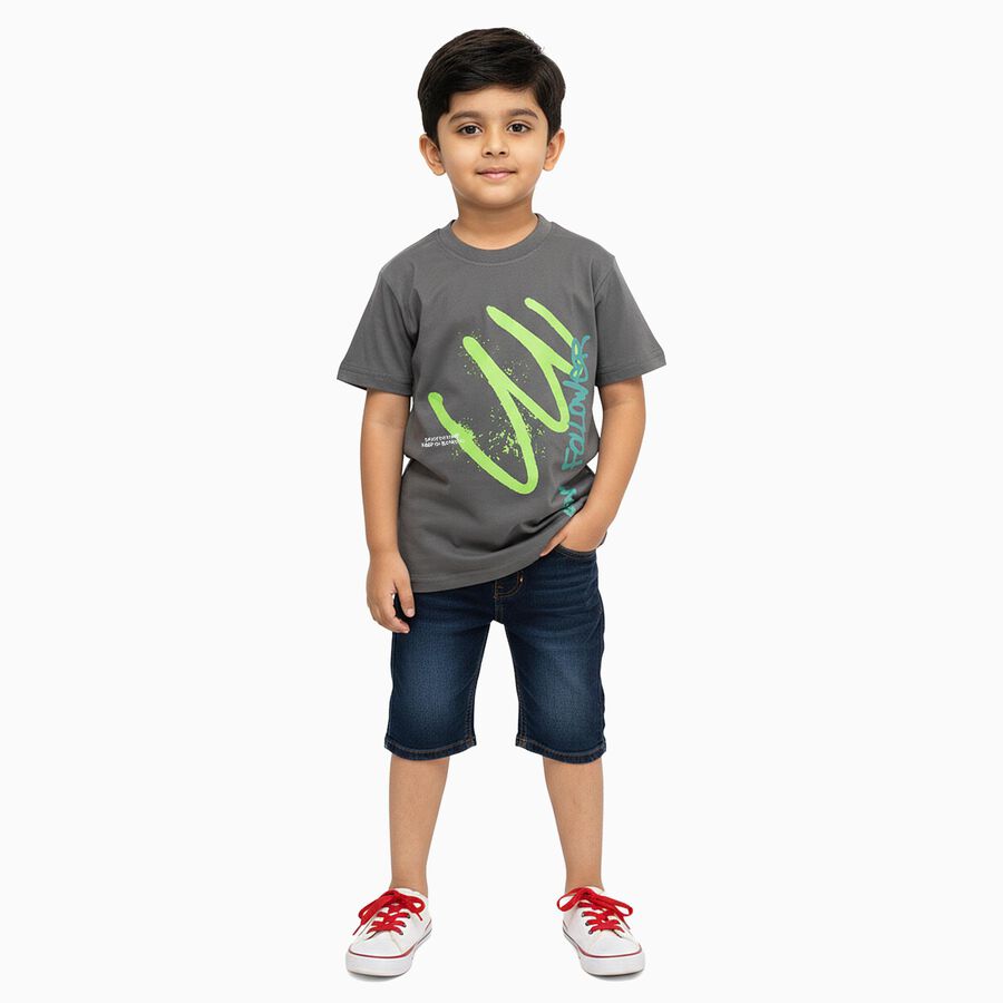 Boys' Dark Olive Green Cotton Round Neck Graphic Printed T-Shirt, Olive, large