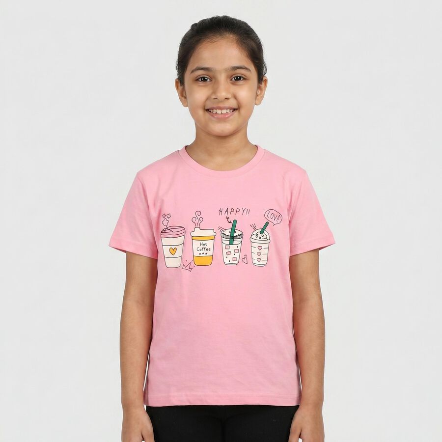 Girls Pink Round Neck Regular T-Shirt, गुलाबी, large