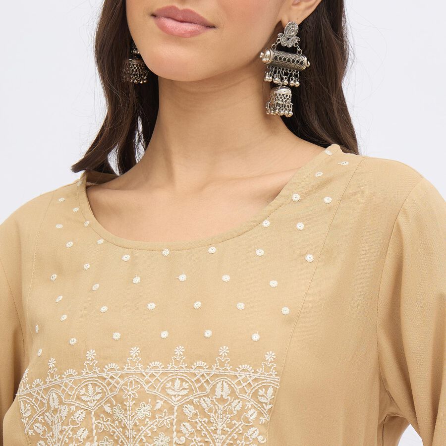 Women's Beige Round Neck Embroidered Kurta, खाकी, large image number null