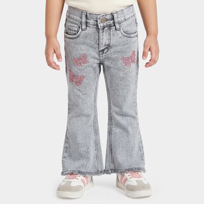 Girls Grey Flared Fit Butterfly Embroidered Jeans