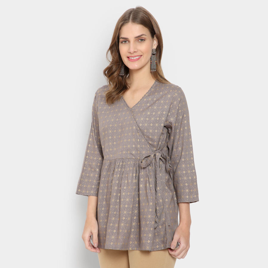 All Over Print 3/4th Sleeves Straight Kurti, गहरा ग्रे, large image number null