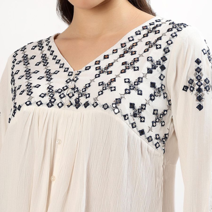 Women's White V-Neck Embroidered Kurti, White, large image number null