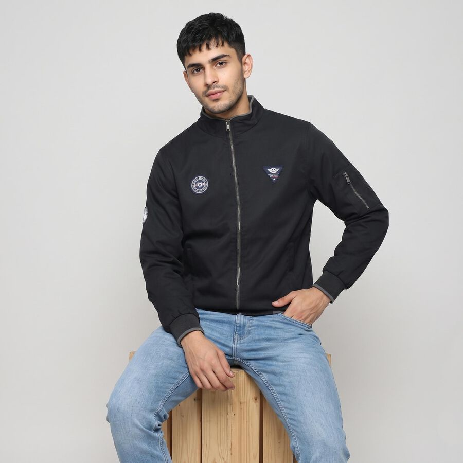 Men's Navy Blue Stand Collar Bomber Jacket, Navy Blue, large