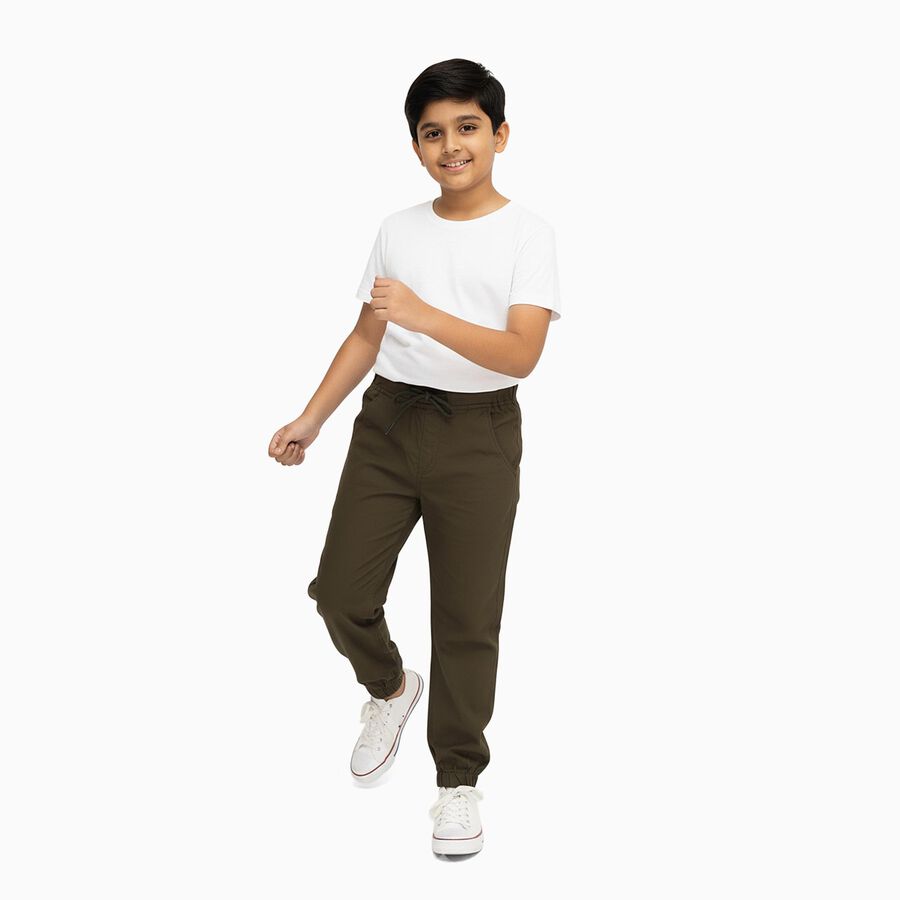 Boys Olive Green Regular Fit Jogger Trousers, हल्का हरा, large image number null