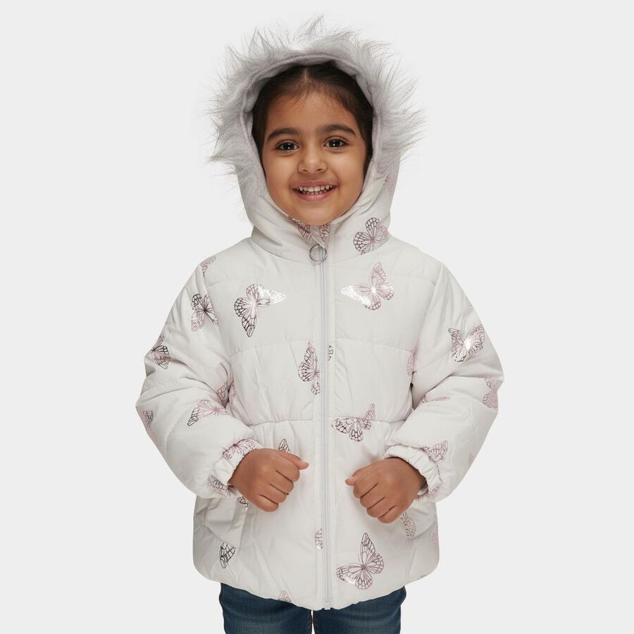 Girls' White Hooded Puffer Jacket, White, large image number null
