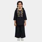 Girls Navy Blue Round Neck Embroidered Kurta and Palazzo Fusion Set, नेवी ब्लू, small