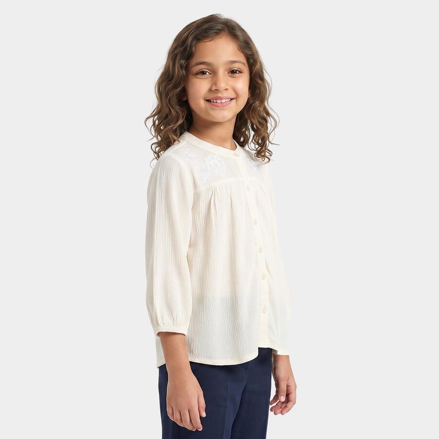 Girls' White Mandarin Neck Regular Blouse, सफ़ेद, large