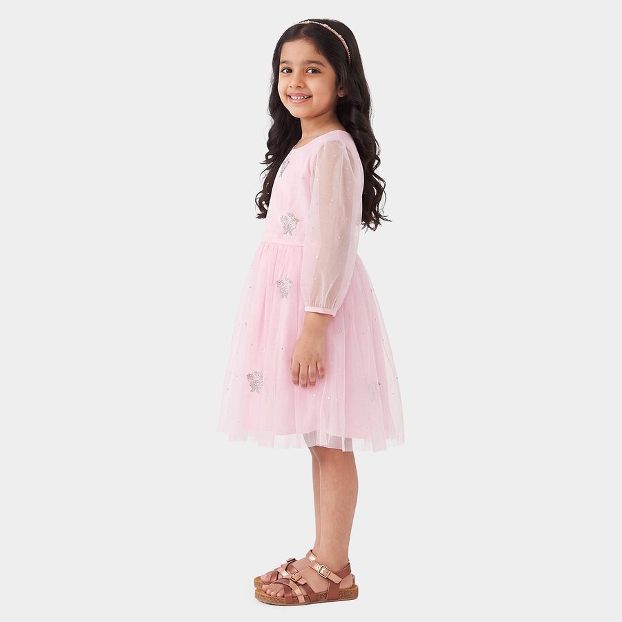 Girls' Pink Fit and Flare Embroidered Party Wear Frock, Light Pink, large