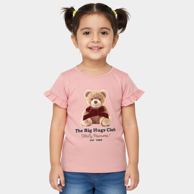 Girls' Pink Cotton Round Neck Ruffle Sleeve T-Shirt