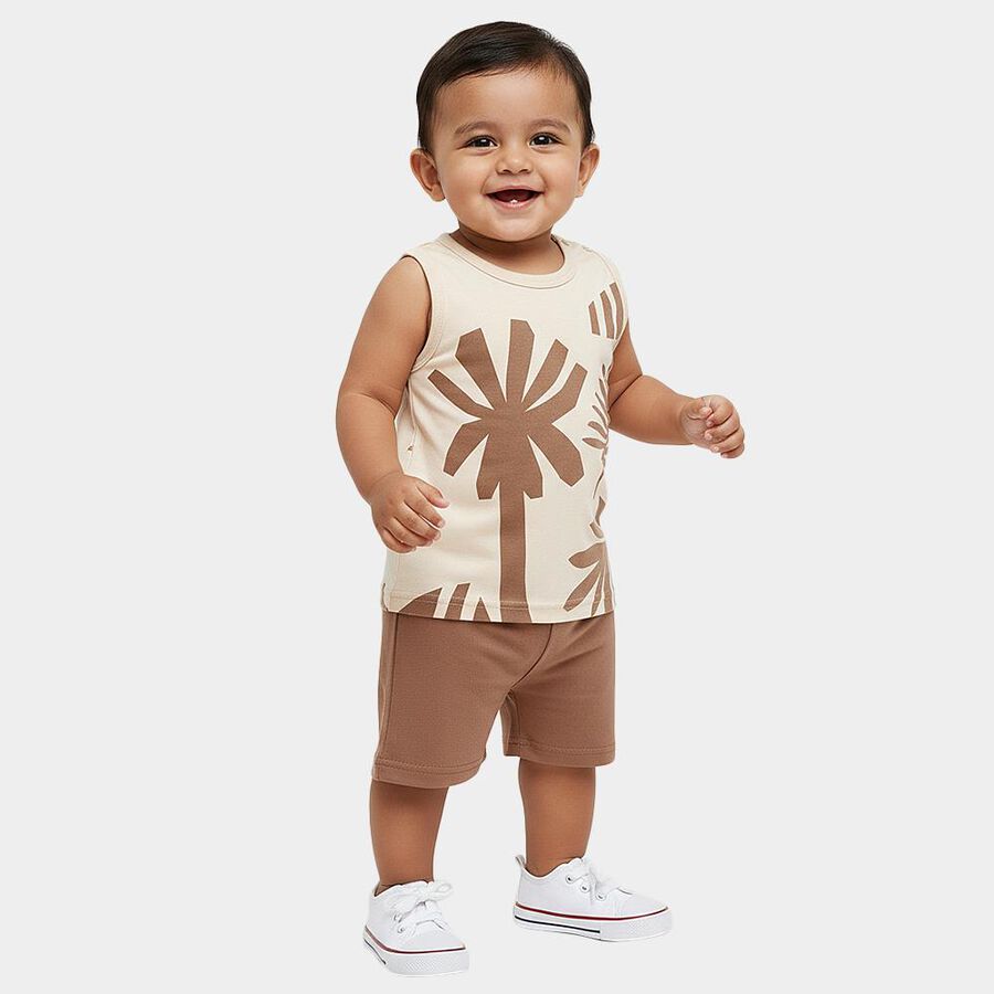 Infants' Beige Cotton Round Neck Solid Baba Suit, Beige, large