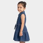 Girls' Navy Blue Tiered Belted Shirt Style Frock, गहरा नीला, small
