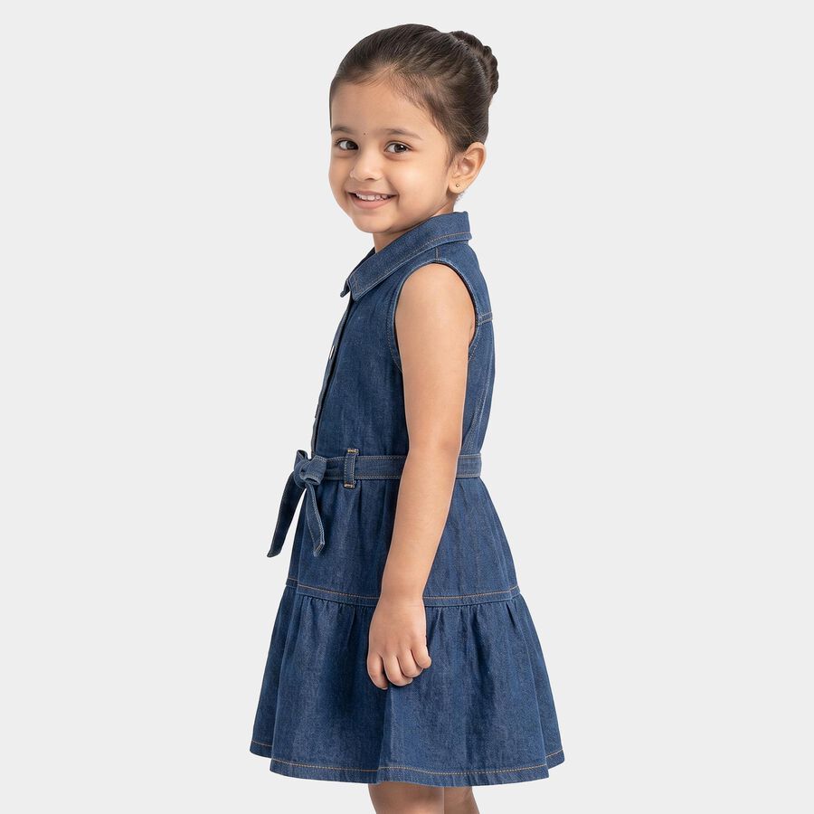 Girls' Navy Blue Tiered Belted Shirt Style Frock, गहरा नीला, large