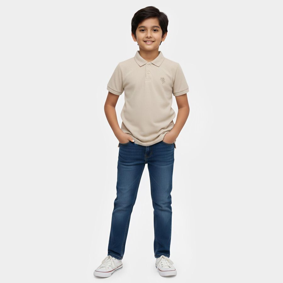 Boys' Beige Round Neck Casual T-Shirt, गहरा पीला, large