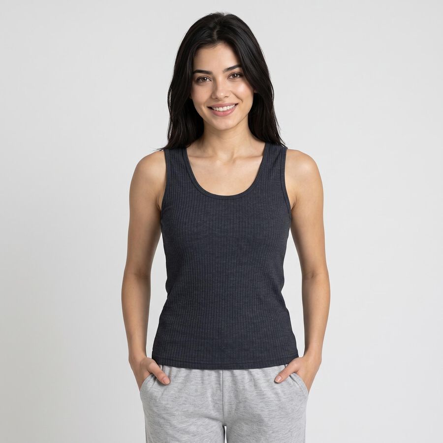Women's Navy Blue Sleeveless Ribbed Thermal, मध्यम नीला, large