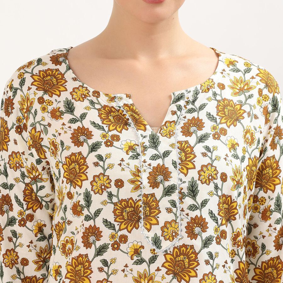 Women's Bright Mustard Yellow Notch Neck Floral Printed Kurti, Yellow, large