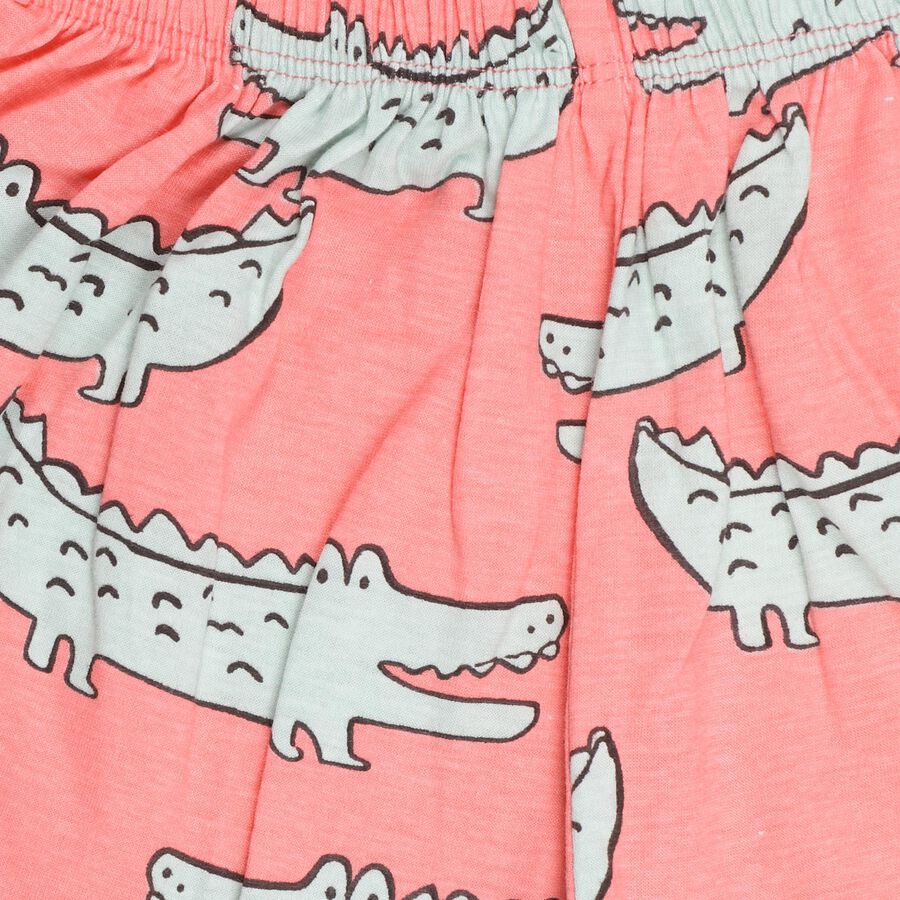 Boys Bright Coral Pink Cotton Round Neck Cartoon Print Night Suit, लाल, large image number null